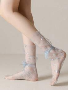 1 Pair Women's Thin Mesh Ruffle Socks, Embossed Snowflake & Star Pattern, Bow Tie Transparent Strap Mid-Calf Socks, Versatile Transparent Ladies Socks, Spring/Summer - Multicolor - View 8