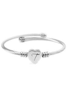 1pc Stainless Steel Heart-Shaped Bangle With 26 Alphabet Letters, Unisex Fashion Minimalist Style Bracelet, Suitable For Daily Wear, Parties, And Gifts - Silver - View 31