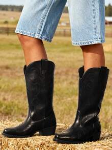 Women's Ankle Boots Cowboy Cowgirl Boots Square Toe Chunky Heel Embroidery Stitched Western Boots Holiday Winter Boots - ĐEN/PU - Xem 2
