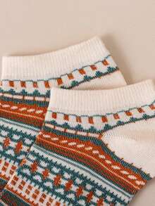 5 Pairs Assorted Unisex Geometric Striped Retro Print Breathable Retro Boat Socks, Suitable For Daily And Casual Wear, All Seasons - Multicolor - View 6