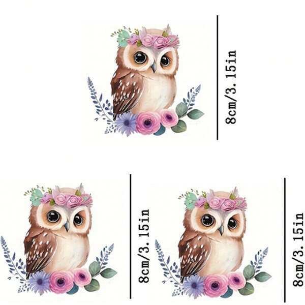 3 pièces Patchs de transfert de chaleur en forme de hibou, convient pour les t-shirts, jeans, pulls, sacs à main, oreillers, coussins, lavables et repassables