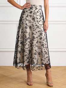 EARO 春季花园派对系列，女士高腰刺绣花卉半身裙，外层薄纱A字中长裙，复古浪漫风格，约会装扮半身裙，小众设计度假风 - 杏色 - 查看 3