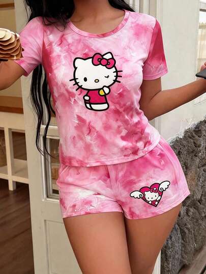  Conjunto de pijama de Sanrio Hello Kitty para mujer, camiseta de manga corta y cuello redondo casual con pantalones cortos, adecuado para primavera/verano