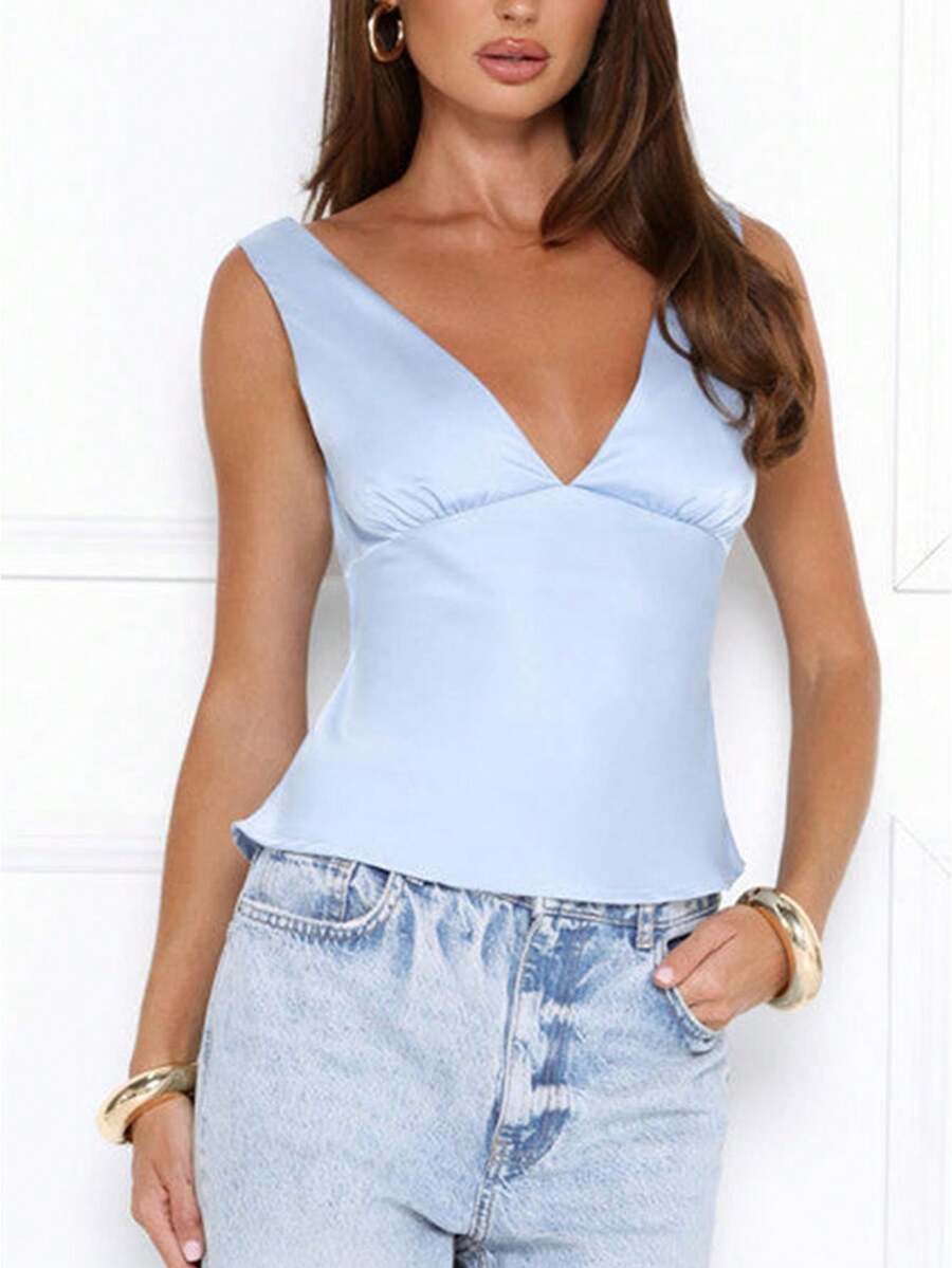 Womens Satin Tank Tops  Sleeveless Deep V Neck Solid Color Tops Slim Fit Shirts - Blue - View 1