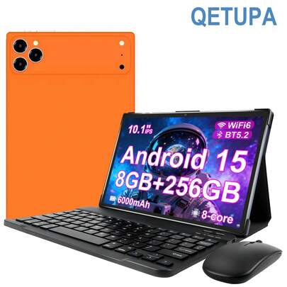  Qetupa 安卓 15 10.1 英寸平板电脑，配备保护套、键盘和鼠标，8GB 运行内存 + 256GB 机身存储（支持 1TB SD 卡扩展），MTK6771 八核 2.0GHz 处理器，高清 (1280x800) IPS 触控屏，500 万像素前置摄像头和 800 万像素后置摄像头，6000mAh 电池，支持蓝牙 5.2、802.11ax Wi-Fi 6、GPS 和 Type-C 充电接口。