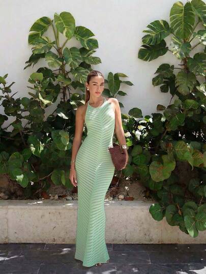 FOR BEAUTY Summer New Women's Knitted Sleeveless Slip Dress, Beach Resort Casual Style, Fitted Elegant Dress, Light Green Solid Color Sexy Beach Cover-Up, Vacation, Bohemian Style, Sexy, Women's Cover-Up, Summer Women's Clothing