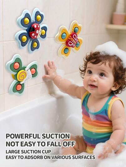 4pcs/Set Cute Insect Shaped Suction Cup Rotating Toys, Sensory Bath Toys, Helps Soothe Emotions And Sleep, Suitable For Bathtub, Sticks To Smooth Surfaces