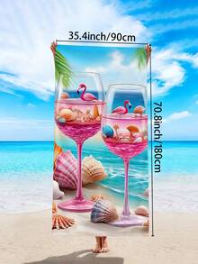 1pc Flamingo & Seashell Print Oversized Quick-Dry Absorbent Beach Towel, Soft Microfiber Towel For Beach, Swimming, Yoga, Camping, Lightweight And Portable, Suitable For Summer Travel, Beach Decor, And Holiday Gift - Wine Glass Shell - View 11