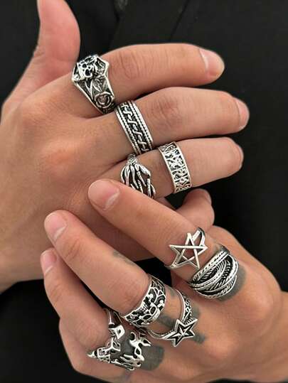 10枚时尚几何金属戒指，星星和骷髅头造型，可叠戴或单独佩戴，部分戒指可调节，魅力十足的男士嘻哈朋克风饰品