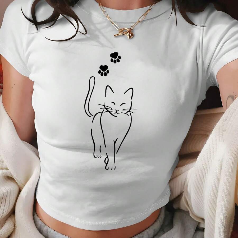 Y2K Style Women'S Short Fitted Top | Cute Cat Pattern Print, Pure And Desirable Korean Style For Summer | Round Neck Ultra-Short Sleeve T-Shirt, A Must-Have For High-Waisted Daily And Festive Casual Fashion | Women'S Top | - 白色 - 查看 1