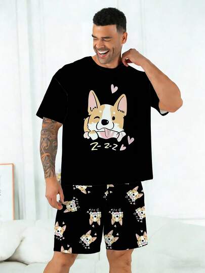 加大码男士睡衣套装 | 圆领短袖上衣和松紧腰休闲短裤两件套 | 涤纶针织面料，柔软透气，宽松舒适 | 可爱柯基爱心印花休闲设计