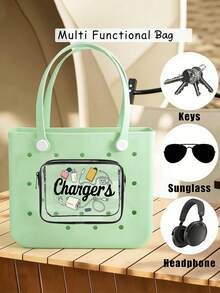 New Chargers Print Bogg Beach Makeup Bag,Beach Accessories, Toiletry Bag,Travel Accessories;Travel Essentials; Multi Color Insert Accessory Compatible, For Decorative Charm Inserts,Suitable For Travel And Outings, Water-Tight - Ideal For Travel,Versatile Inner Organizers,Waterproof, Wear-Resistant, Easy To Clean, Suitable For Bogg Bags, Transparent Bogg Cosmetic Bag With Phone Holder, Compartmentalized Internal Storage Compatible Travel Cosmetic Bag - Multicolor - View 6