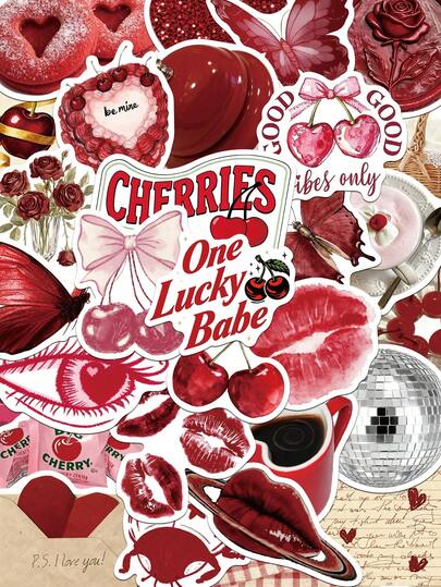 50张樱桃色女孩贴纸，适用于手册、笔记本电脑、手机壳、行李箱、吉他、滑板等装饰。