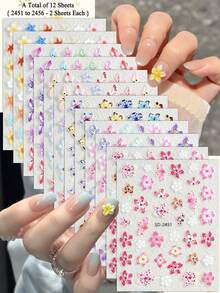 3/6/9/12/15/18/21/30片装 5D立体花卉美甲贴纸，彩色浮雕花朵美甲贴花，适合春夏DIY美甲 - 彩色 - 查看 16