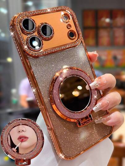 Luxury Electroplated Phone Case With Makeup Mirror Stand, Rhinestone Glitter Sparkle Style, Silicone Shockproof Soft Cover Compatible With IPhone 16/16e/16 Pro/16 Pro Max/16 Plus/15/14/13/12/11/X/XS/XR/8/7, Galaxy S25/S24/S23/S22/S21/A55/A54/A53/A52/A35/A34/A23/A16/A15/A14/A13/A12/A05S/FE/Ultra/4G/5G, And For Redmi/Honor/MOTO/OPPO/Infinix