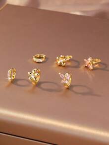 3对/套 微镶锆石花朵蝴蝶耳环，优雅百搭，适合学生佩戴 - 耳環套裝 - 查看 3