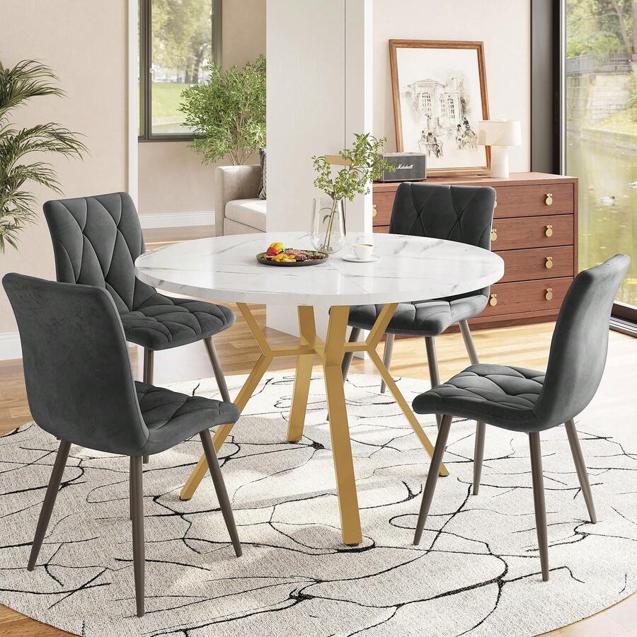 Dining Table And Chair Set (5 Pieces Total), Round Marble Dining Table. Gold Metal Table Legs + 4 Optional Multicoloured Velvet Chairs. - Grey - View 1
