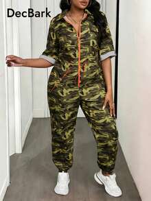 大码迷彩撞色拉链连体裤 - 軍綠色 - 查看 6