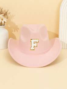 1pc Unisex Children's Letter Decor Pink Felt Brimmed Hat, 26 Letters Available, American Western Cowboy Style, Outdoor Casual Sun Hat For All Seasons, Suitable For Daily Wear, Parties, Outdoor Activities, Children's Gift - Pink - View 17
