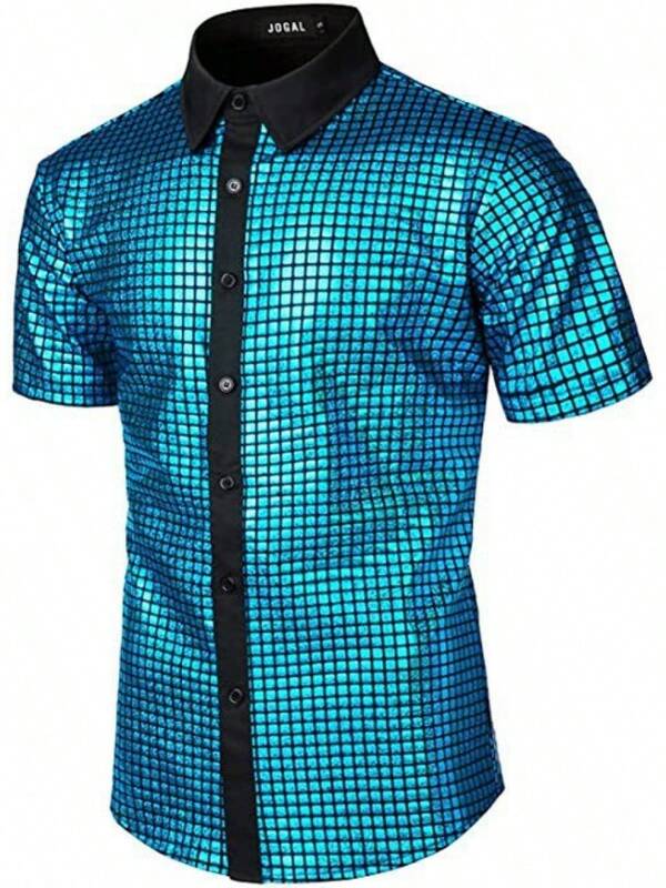 2025 COS Men's Sequin Button-Up Shirt 70s Disco Party Cosplay Costume, Stage Performance Outfit