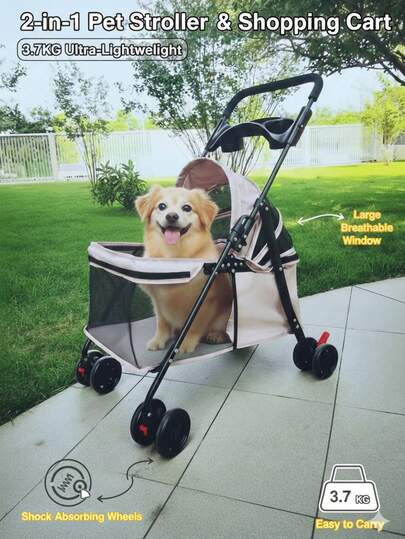 2-In-1 Pet Stroller & Shopping Cart For Senior Dogs & Cats, 3.7kg Ultra-Light Foldable Buggy With Detachable Carrier, Shock-Absorbing & Breathable, Portable Pet Buggy