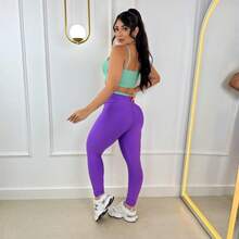 Women's Two-Tone Fitness Set - Pants And Cropped Top With Removable Padding - Gym Clothes - Premium Spandex - Green and Lilac - View 2