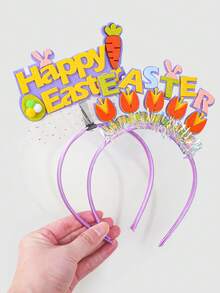 1个复活节快乐女孩头箍，印有“Happy Easter”和“EASTER”字样，饰有郁金香、胡萝卜和兔子图案，采用闪光和毛毡材质，适合复活节派对、拍照道具和节日装饰。 - 彩色 - 查看 3