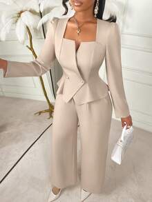 AIJ Amarilo Women's Beige Two Pieces Set, Elegant Square Neck Long Sleeve Peplum Blazer & High Waist Wide Leg Pants Outfit, Office Commute Party Date Daily Wear - Dusty Pink - View 6