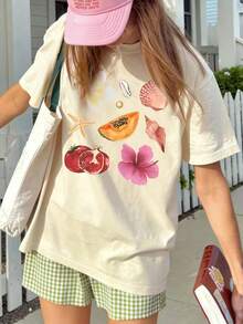 Women's Summer New Simple Slogan Print Casual Vacation Style Loose Fit Round Neck Short Sleeve T-Shirt, Fashionable Everyday Top, Suitable For Daily And Vacation Wear. Women's T-Shirt Top. - Apricot - View 5