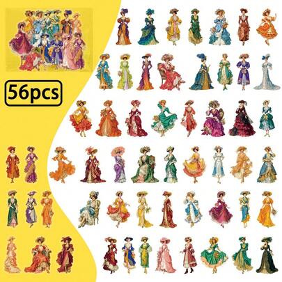 56张全新复古维多利亚时代女士PET贴纸 - 透明华丽长裙贴纸，适用于DIY装饰和工艺品点缀