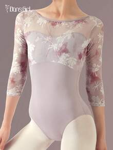 DonsGirl 女士芭蕾舞紧身衣，优雅舞蹈服，饰有3D蝴蝶和花卉网纱，七分袖 - 淺灰紫 - 查看 11