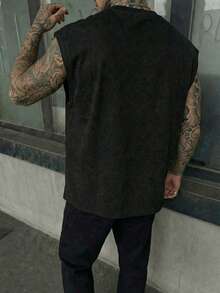 Men's Sleeveless T-Shirt With Cross Graphic And Slogan, Casual Street Wear, Gothic Style, Distressed Black Color, Vintage Muscle Tank Top - Black - View 4