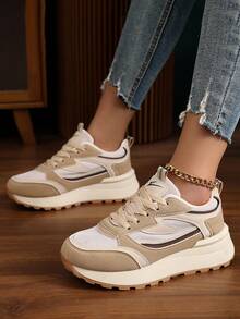 1 Pair Women's Chunky Waffle Sneakers, Thick Sole Elevated Casual Running Shoes, Spring/Summer - Khaki - View 15