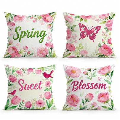 4pcs Spring Watercolor Pink Floral & Butterfly Pattern Decorative Pillow Covers, Single-Sided Printed Cushion Covers For Living Room, Sofa, Bedroom, Without Pillow Inserts