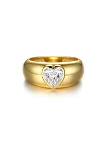 1 pièce Bague large en argent 925 style européen et américain avec zircone cubique incrusté en forme de cœur, bijou convenant pour le mariage, la fête, le port quotidien, cadeau de la Saint-Valentin - Or jaune - Voir 4