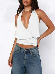 Women Cowl Neck Halter Tops Draped Front Low Cut Backless Tank Top Ruched Open Back Going Out Tops - White - View 3
