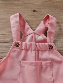 女童夏季短袖T恤+背带裤两件套，幼儿条纹休闲装 - 粉色 - 查看 6