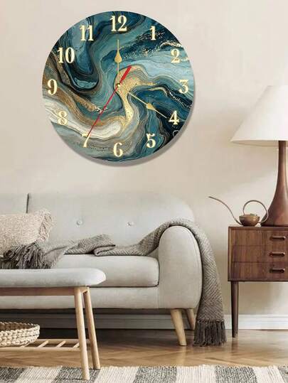 1pc Silent Non-Ticking Wall Clock - Modern Marble Pattern Design, Navy Blue & Gold, Elegant Wooden Frame - Suitable For Living Room, Bedroom, Office, Kitchen - Provided In 10/12 Inch Sizes - Requires AA Battery (Battery Not Included) - Minimalist Home Decor, Abstract Pattern, High-Quality Craftsmanship, Fashionable Clock, Interior Designer's Choice