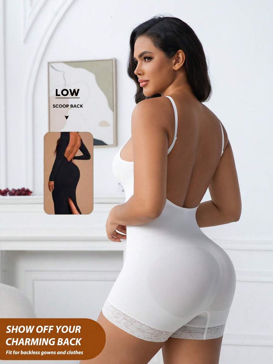 1 bộ đồ định hình không đường may cỡ lớn dành cho nữ, giúp thon gọn eo, kiểm soát vùng bụng, nâng mông, áo liền thân ren hở lưng. - trắng - Xem 1