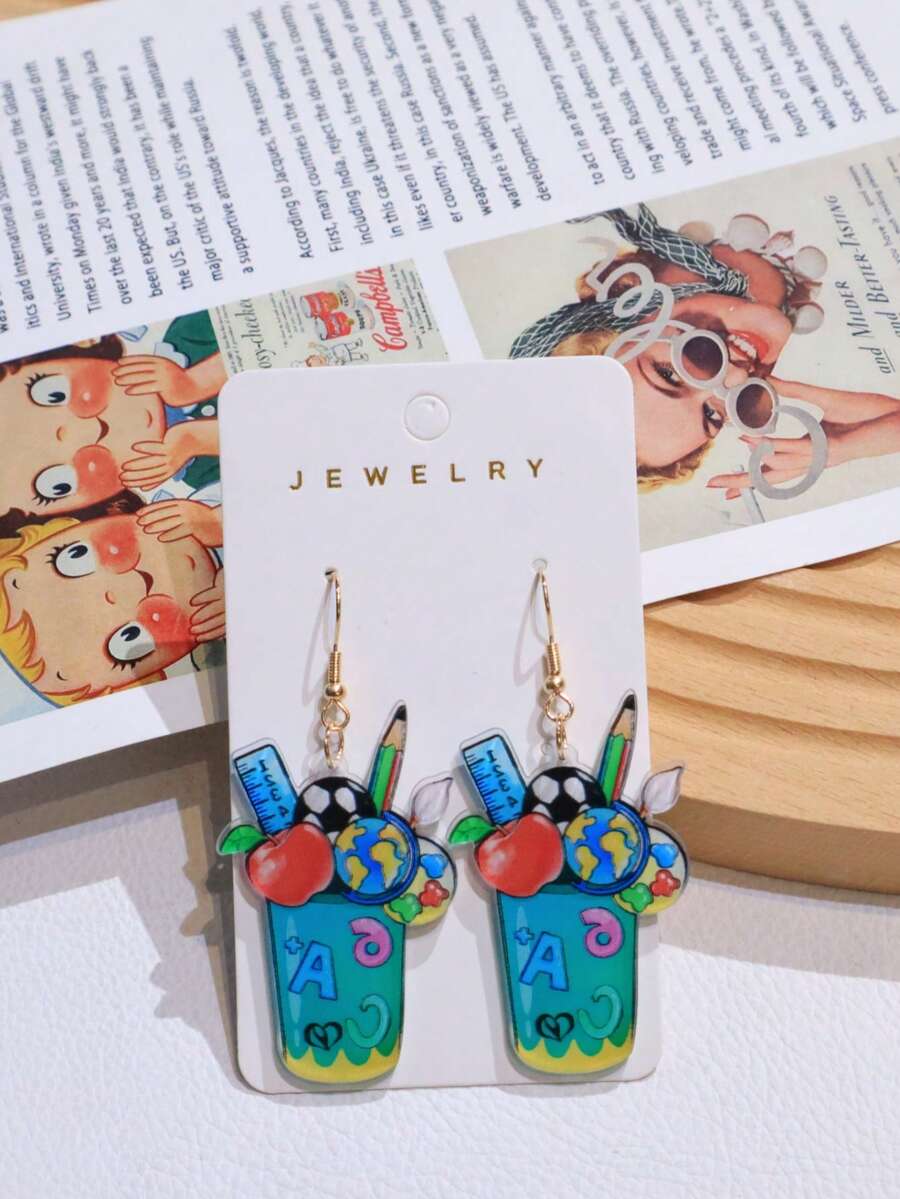 1 Pair Acrylic Back To School Themed Pencil Holder, Ruler, Apple Board Earrings With Cute Double-Sided Cartoon School Elements, Interesting Student Gift Earrings For Daily Wear - Multicolor - View 1