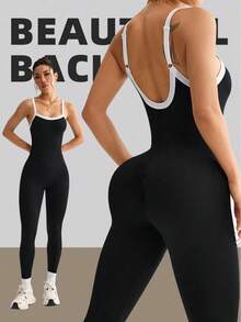 Contrast Binding Backless Sports Jumpsuit - Black - View 1