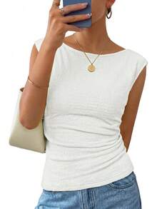 Women's Summer Ruched Top 2026 Cap Sleeve Boat Neck Spring Tops Going Out Tee Shirts Fashion - trắng - Xem 9