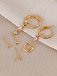 Set de 6 piezas de aretes minimalistas dorados, aretes colgantes y de botón con CZ brillantes para uso diario de mujeres - Amarillo Oro - Ver 4