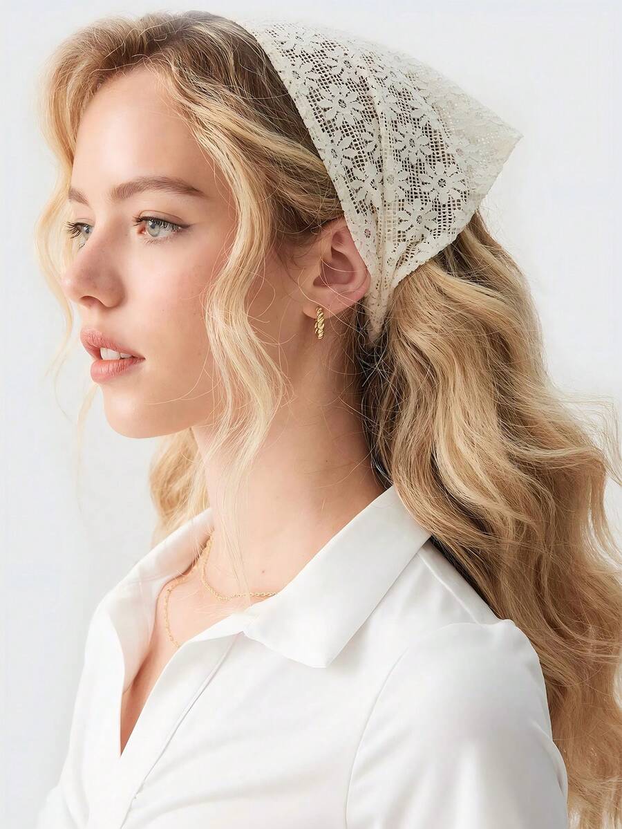 1件装女士时尚刺绣荷叶边头巾，适合日常佩戴和度假 - 米色 - 查看 1