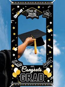 2D Flat, 1pc 2026 Graduation Photo Frame Banner, 60x120cm Black Gold Class Of 2026 Congrats Grad Photobooth Props, Polyester Fabric, Graduation Party Picture Backdrop Background For High School And College Grad, Graduation Party Supplies - Multicolor - View 6