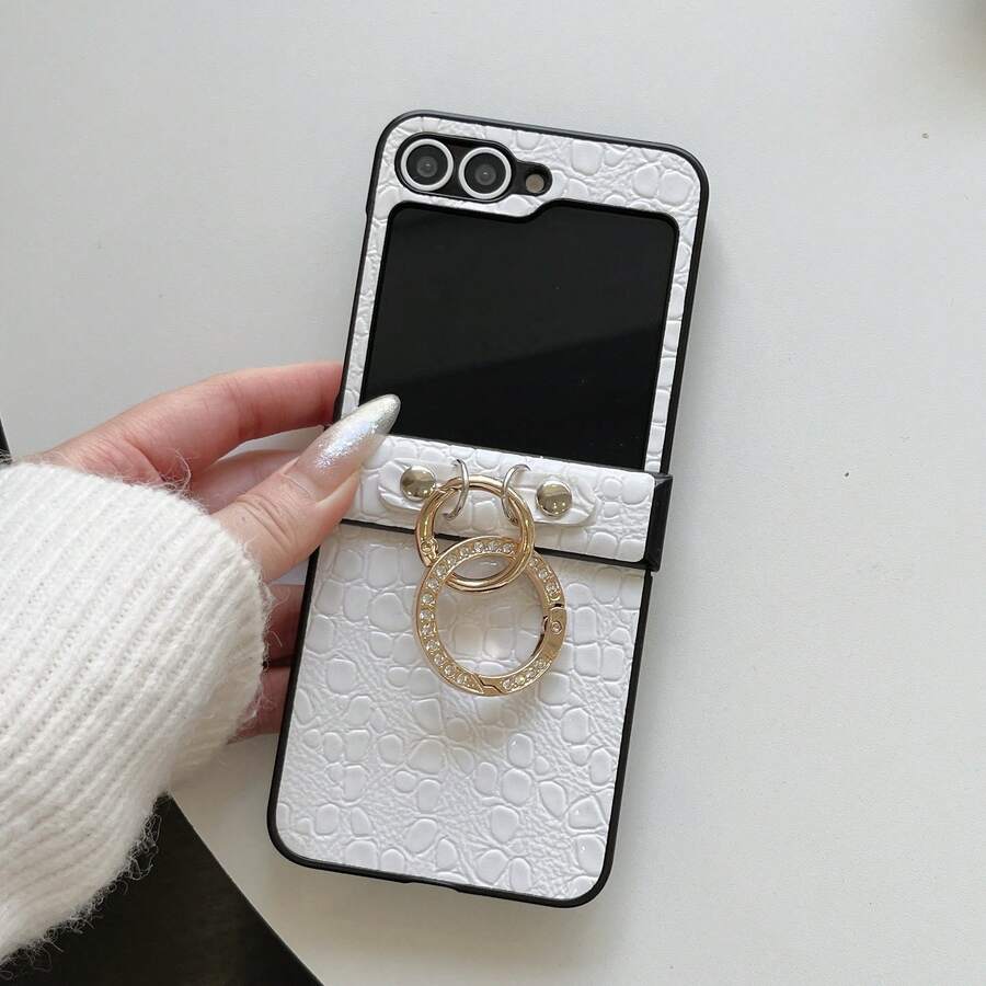 Crocodile Pattern Crocodile Leather Rhinestone Double Ring Folding Phone Case For Samsung Galaxy Z Flip3 5G/Galaxy Z Flip 4 5G/Galaxy Z Flip 5 5G/Galaxy Z Flip 6 5G/Galaxy Z Flip 7 5G, Luxury Folding Phone Case - White - View 1
