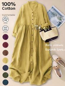 Women's V-Neck Open Front Casual Elegant 3/4 Sleeve Loose Midi Dress, Autumn/Spring - Yellow - View 2