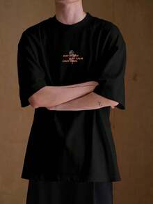 Graphic Tees Women Manfinity Hypemode Men Slogan Graphic Mock Neck Tee Men's Summer Casual 180g Pure Cotton T-Shirt Patterned Printed Short Sleeved Top T-Shirt - Black - View 8