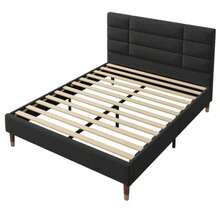 Upholstered Double Bed With Slatted Base, 140x200cm Upholstered Bed Frame With Headboard, In Black Linen, For Adults And Teenagers (With Spring Mattress) - Black - View 10