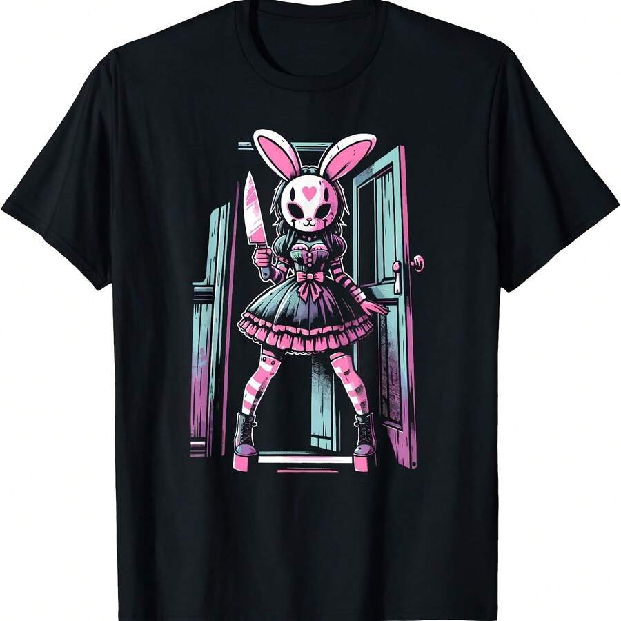 Camiseta de conejo con máscara de conejita gótica pastel, chica de terror, slasher, anime alternativo - Negro - Ver 1